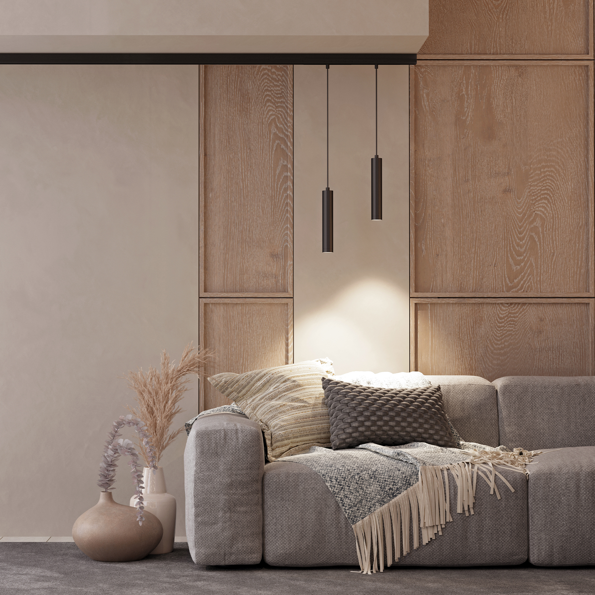 Подсветка возле дивана в уютной гостиной в теплых тонах